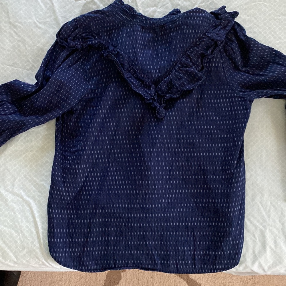 Gently Worn Loft Denim Button Down Ruffle Blouse - image 3